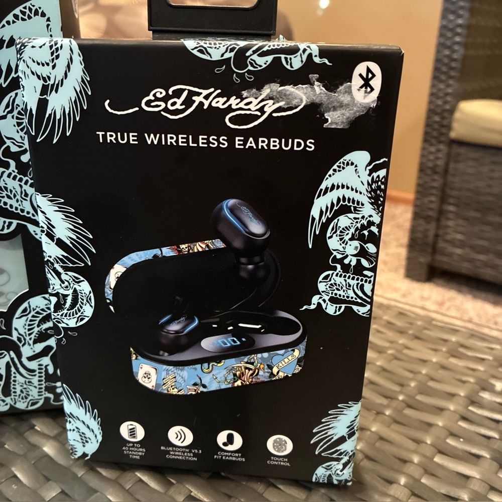 Ed Hardy Wireless Earbuds with Blue Floral Design open box